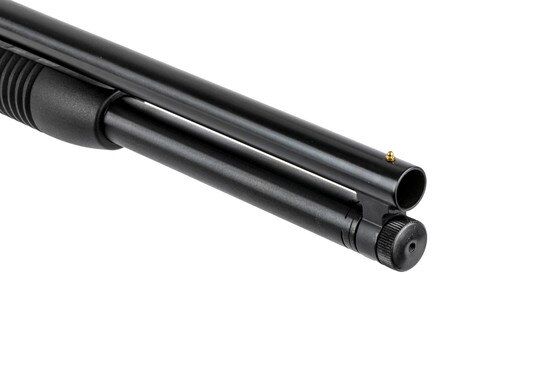 Mossberg 12 guage Maverick 88 with black synthetic furniture features a fast brass bead front sight